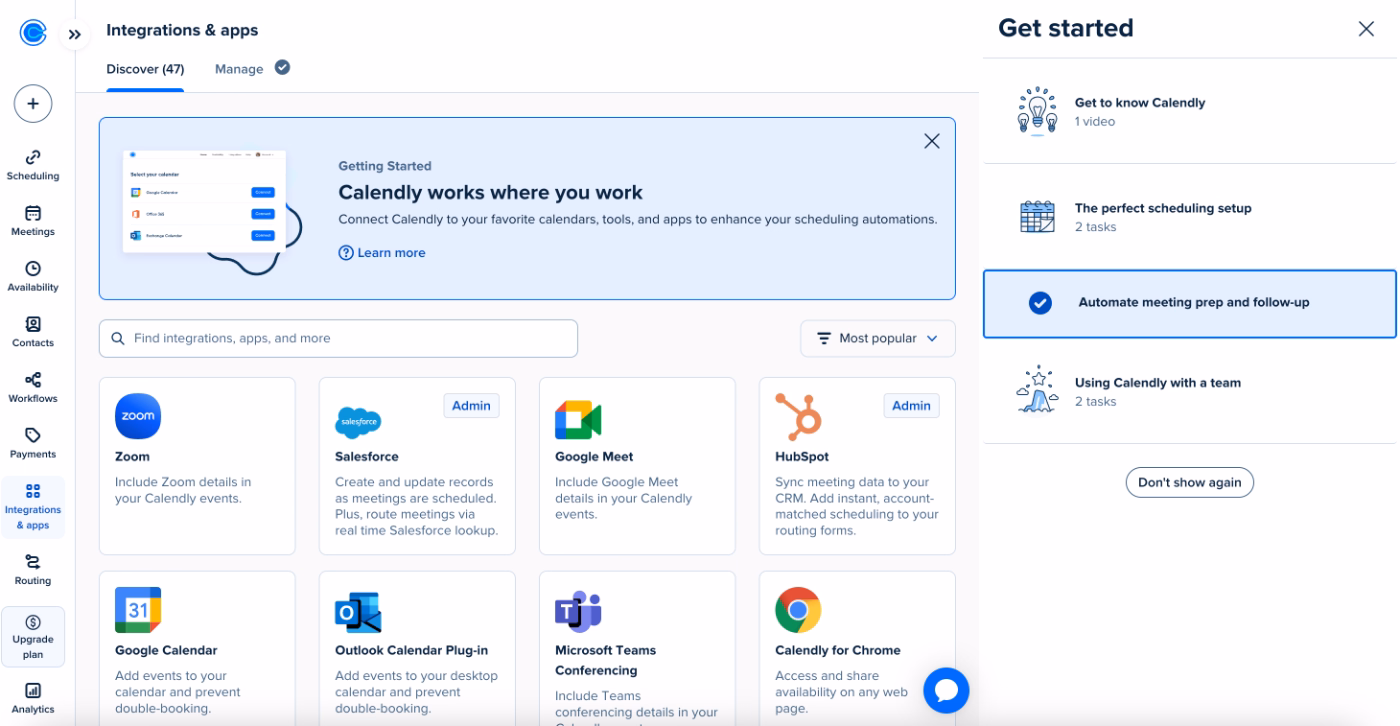 Calendly’s onboarding checklist and integrations page.