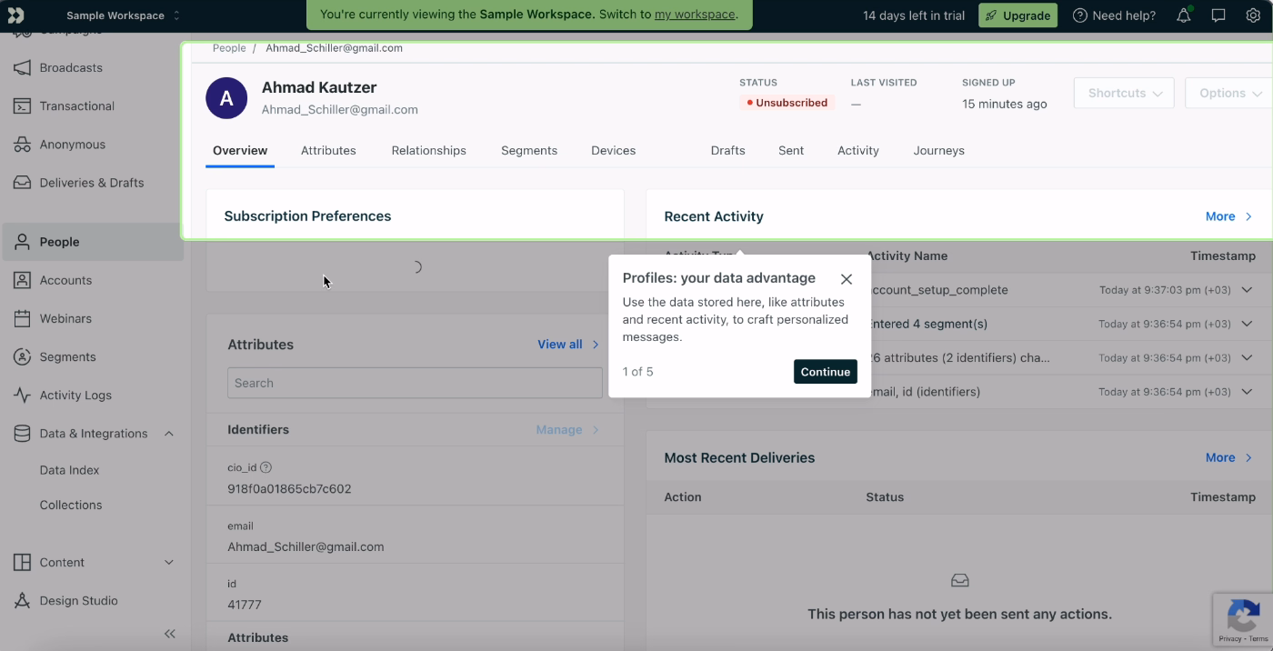 Customer.io’s feature tour over sample data.