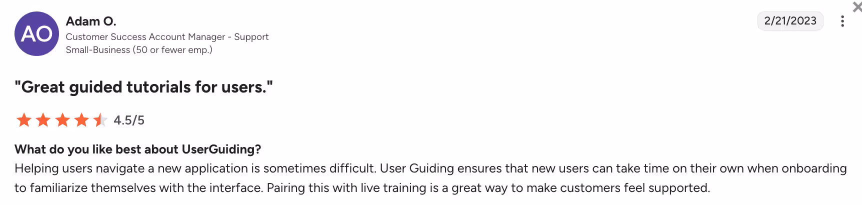 A G2 review of UserGuiding regarding its guided tutorials.]