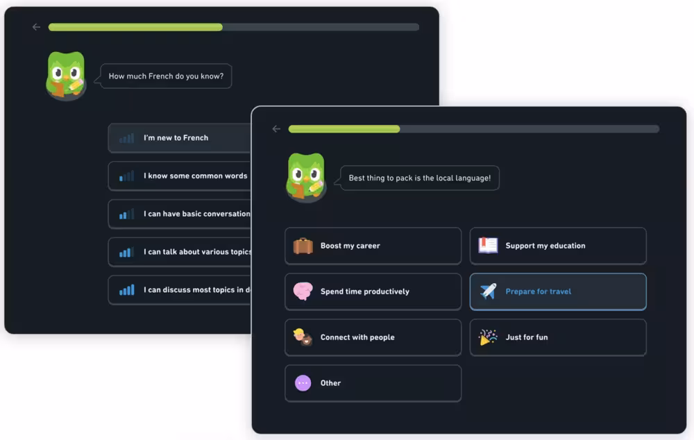 Duolingo’s role-based onboarding.