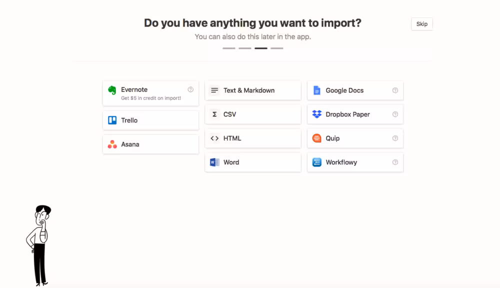 Notion’s progress bar and skip button.