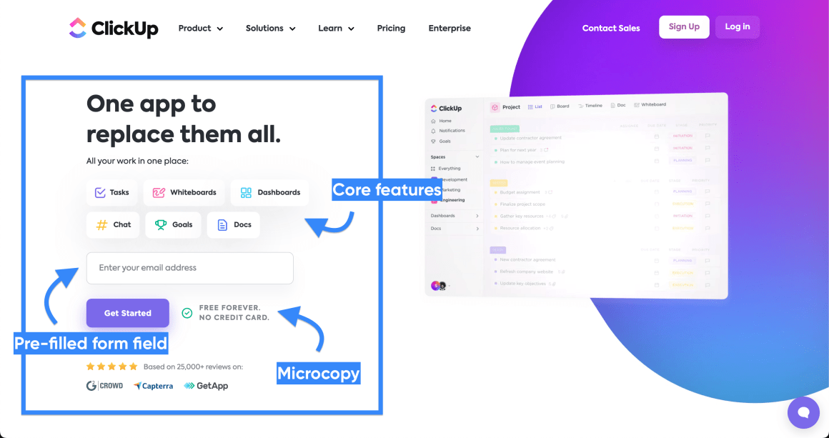 exemple onboarding de site web clickup
