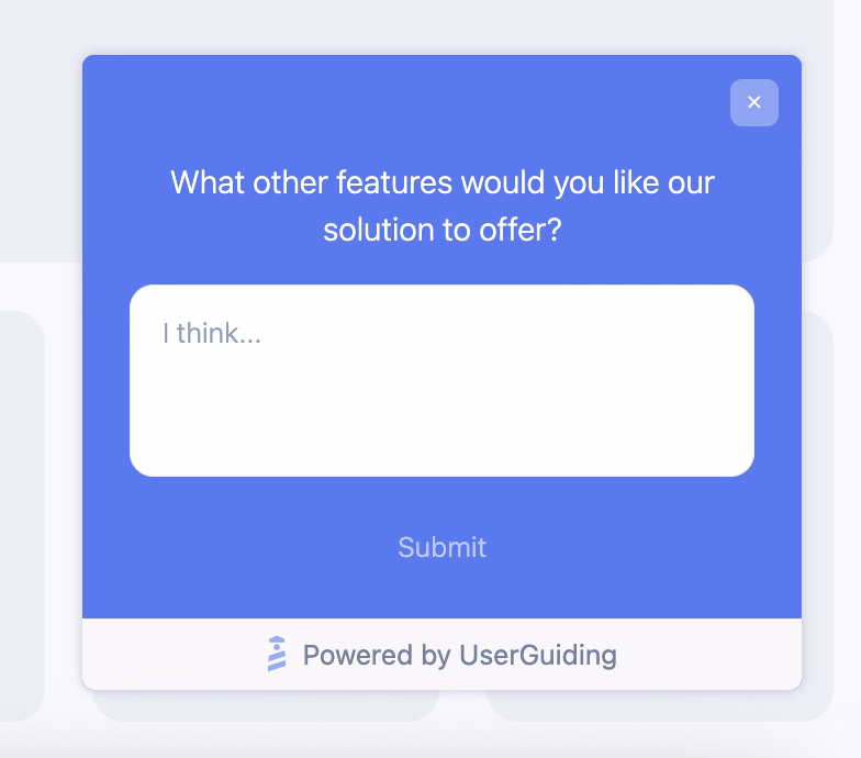 An example in-app survey for gathering feature requests, created with UserGuiding.