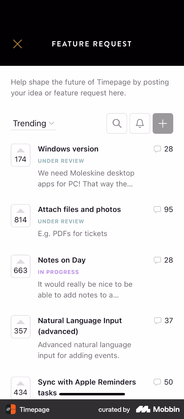 Timepage’s feature request forum where users can vote on new feature requests and monitor which ones are in the development process.