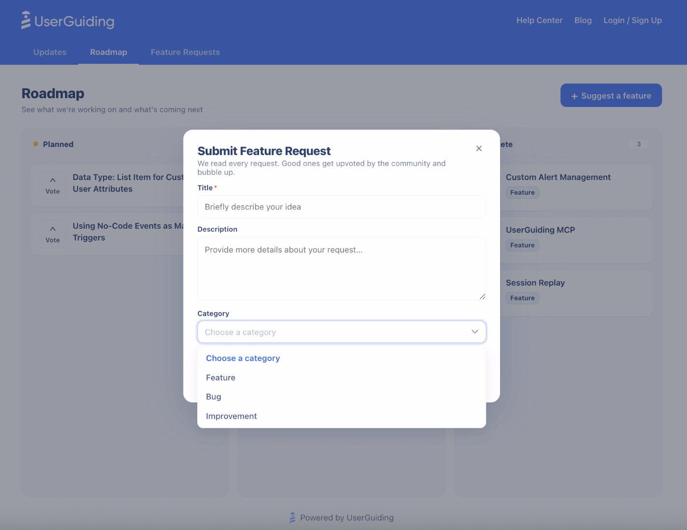 UserGuiding’s feature request modal on the public roadmap page.