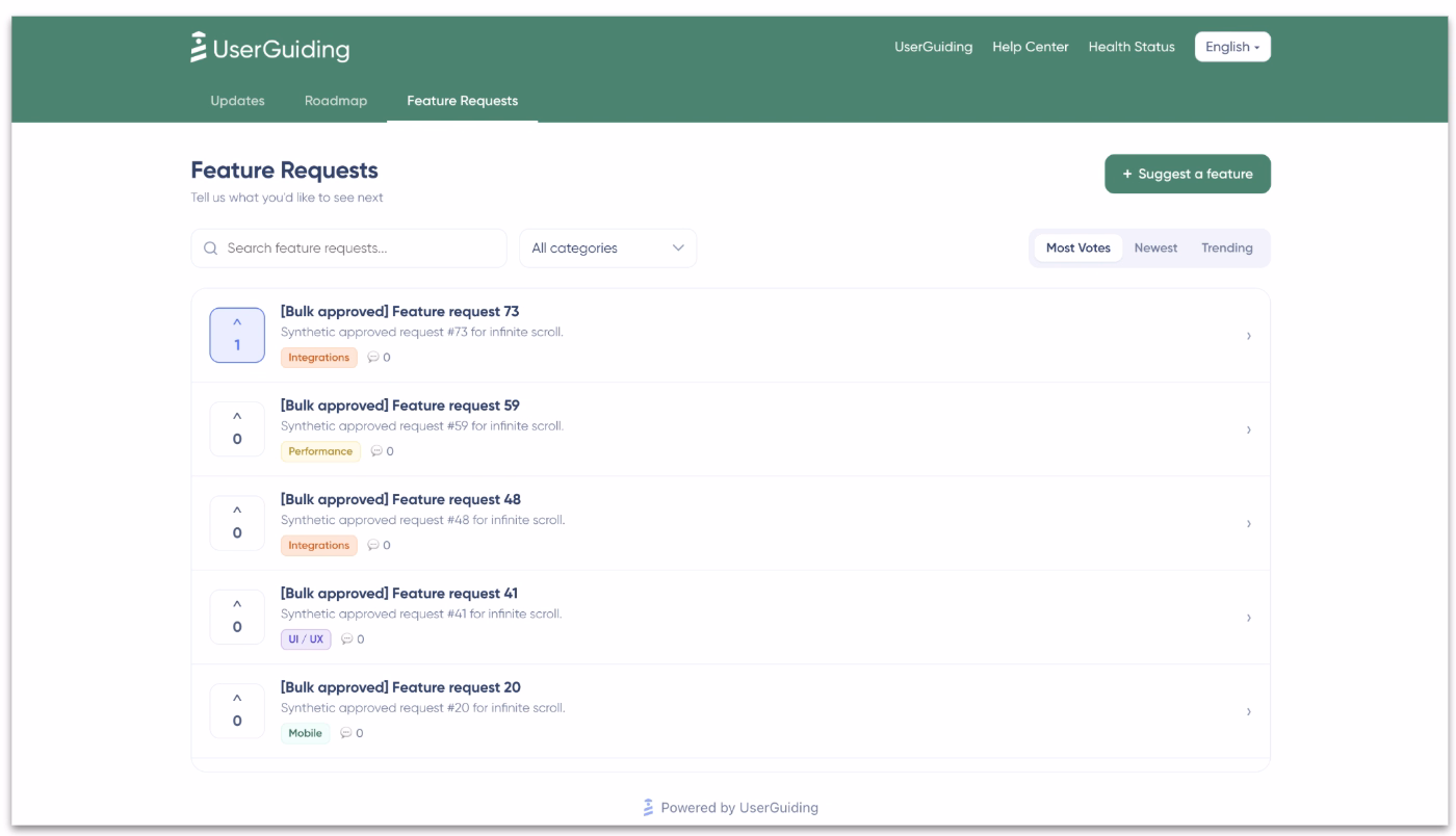 UserGuiding’s feature request hub allows users to see already-submitted requests and vote on them.