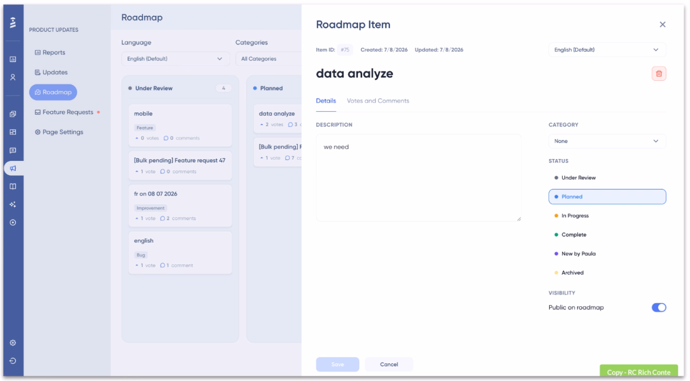 UserGuiding’s intuitive, drag-and-drop public roadmap editor.
