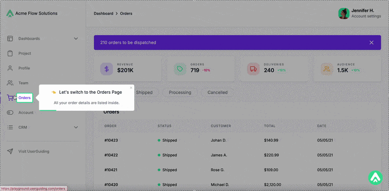 An example interactive tour for a new feature/workflow, created with UserGuiding.
