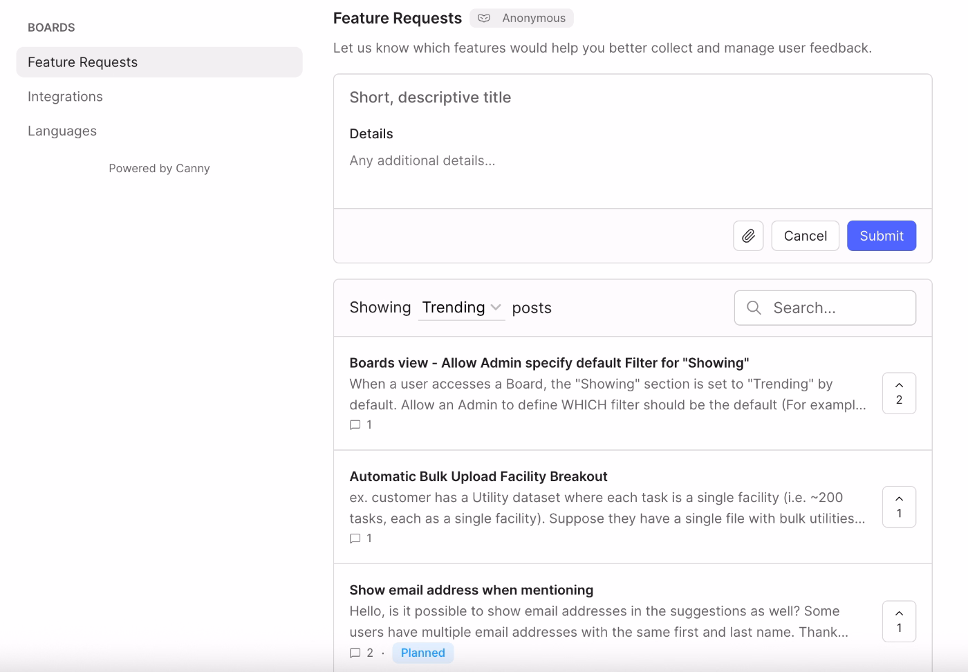 Canny’s own feature request board, created with Canny.