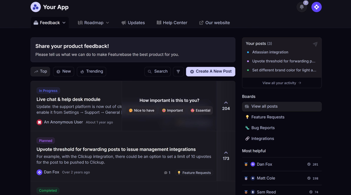 An example feedback portal created with Featurebase.