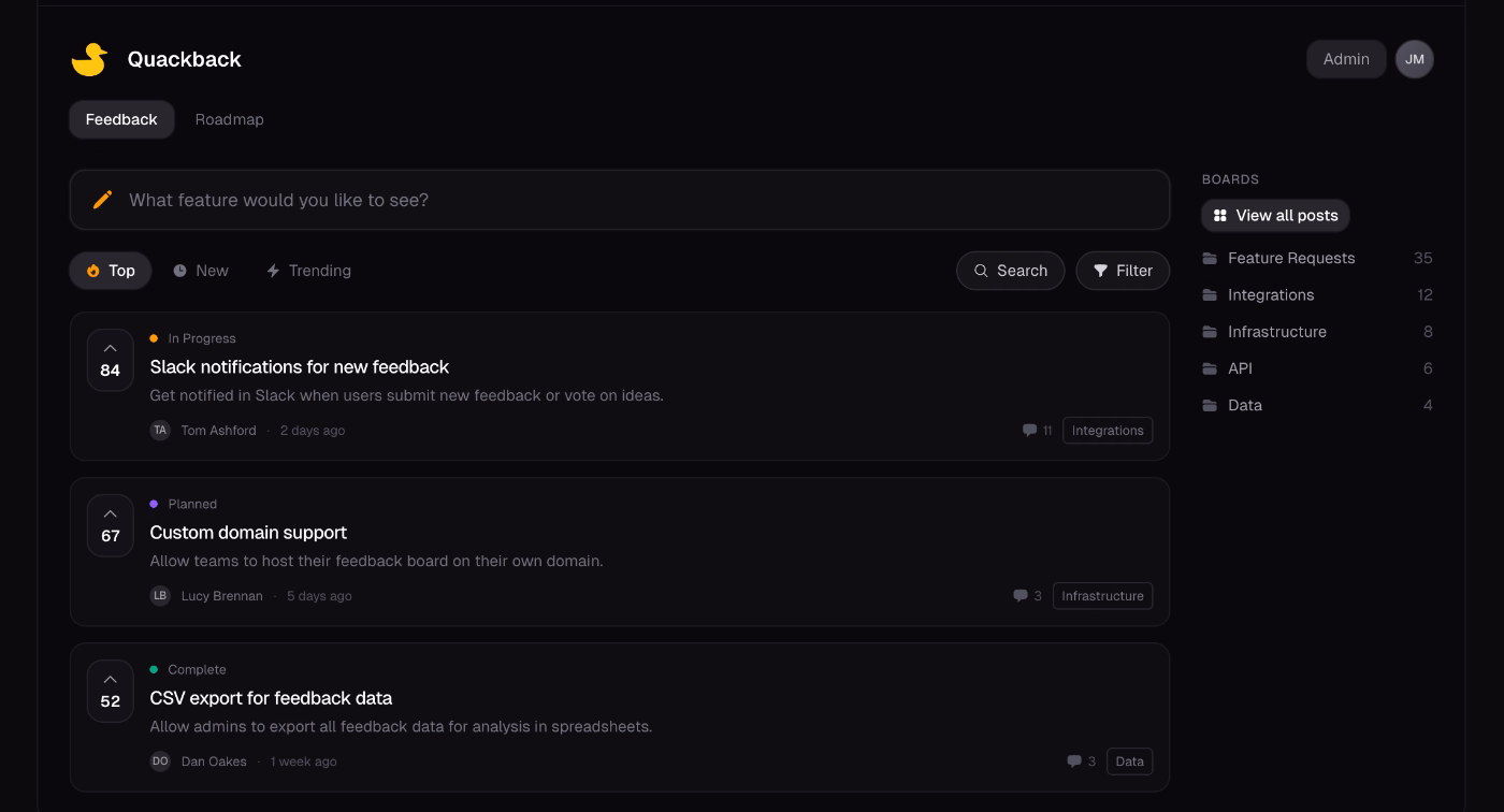 An example feature request collection and public voting hub, created with Quackback.