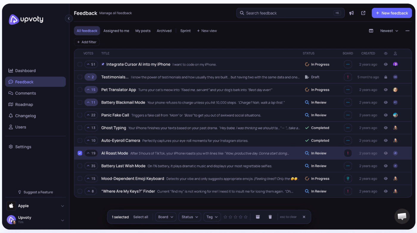Upvoty’s feedback and feature request management dashboard.