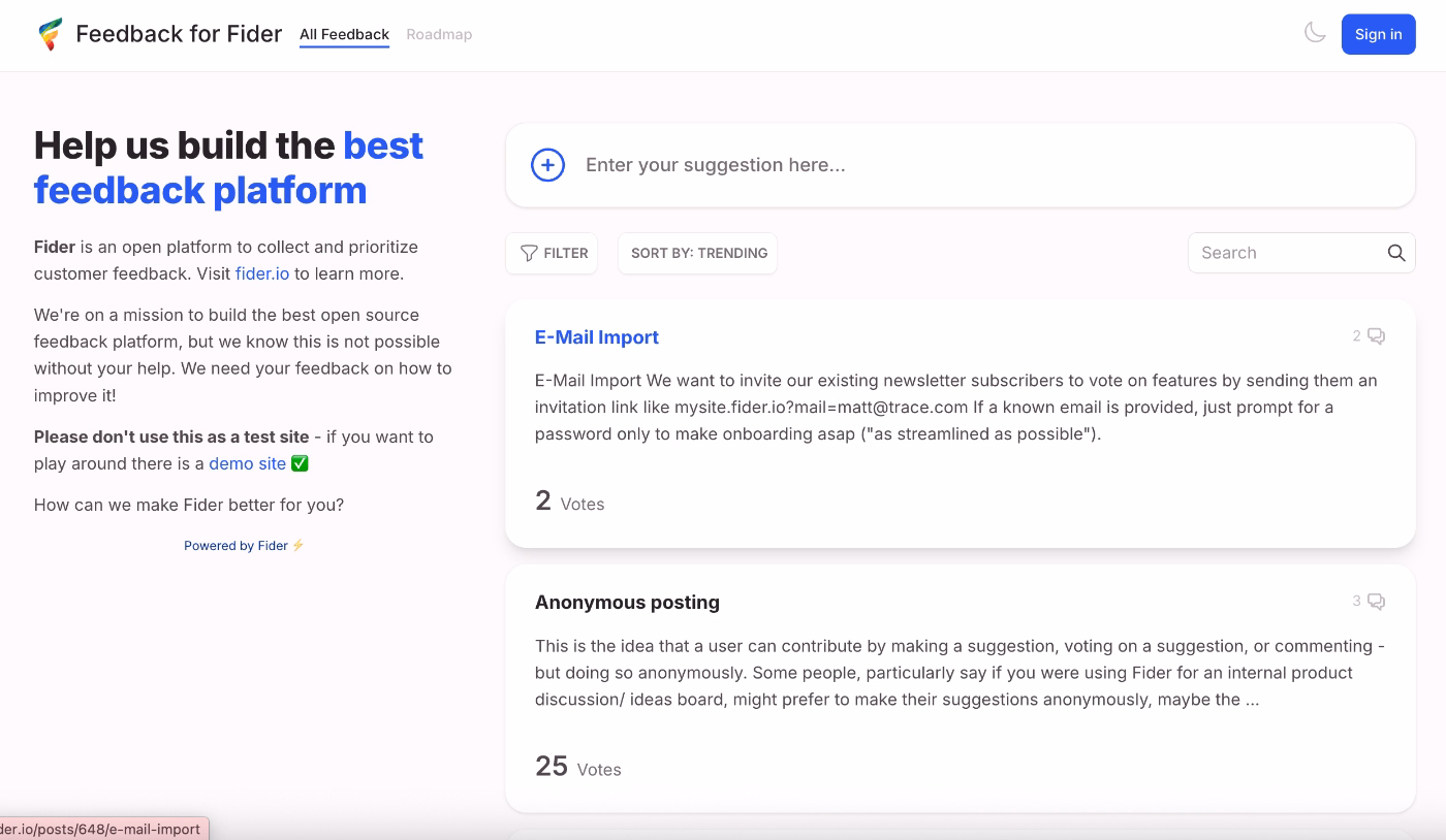 An example feature request and public voting board, created with Fider.