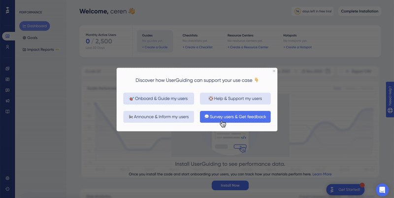 An example product tour created by UserGuiding with contextual UI elements.