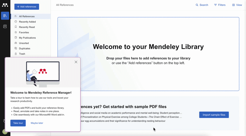 Mendeley’s onboarding product tour.