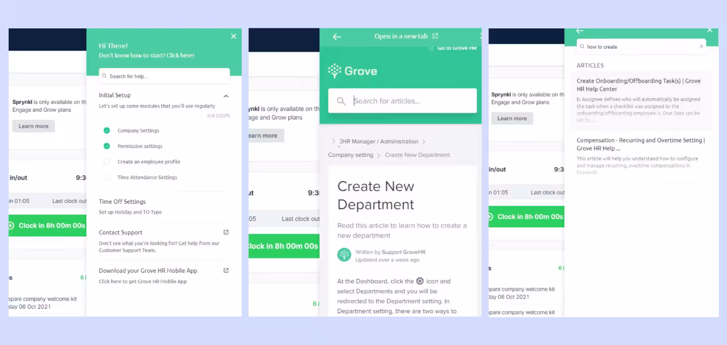 Grove HR’s embedded resource center, created with UserGuiding.