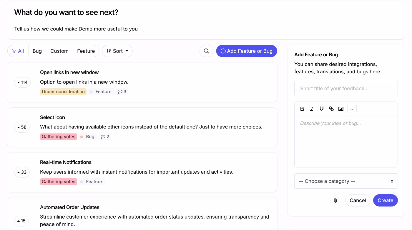 ProductLift example feature request portal with upvoting and labels.