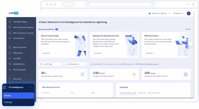 A screenshot of WalkMe’s interface and UI intelligence page.