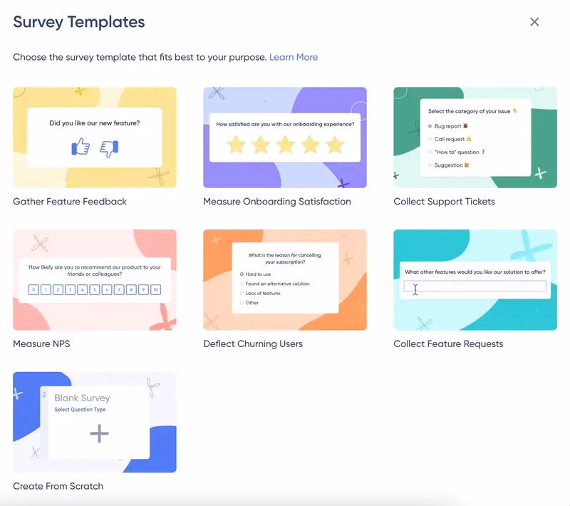 UserGuiding in-app survey templates.