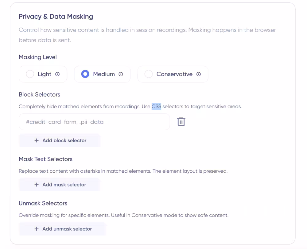 UserGuiding’s privacy and data masking settings in session recordings