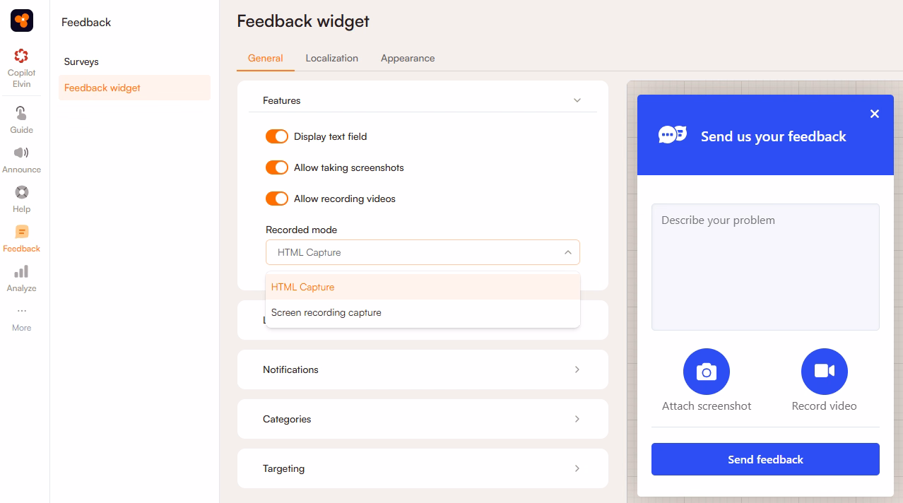 Product Fruits’ feedback widget builder