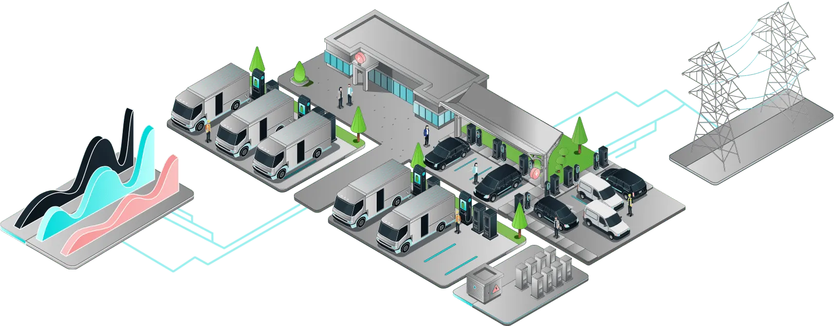 Isometric illustration of an electric vehicle charging station with multiple vans and cars charging, connected to power grid and data graph.