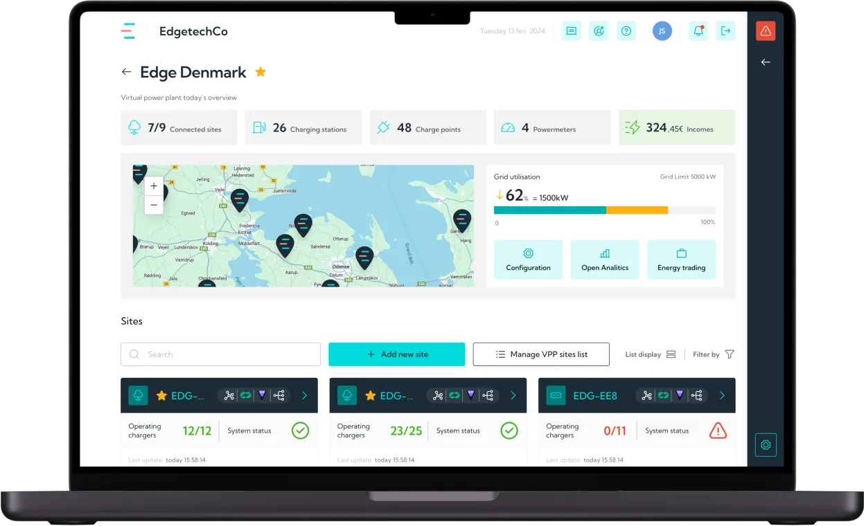 Laptop screen displaying EdgetechCo's Edge Denmark dashboard with virtual power plant overview, map of sites, grid utilization at 62%, and site operating charger statuses.