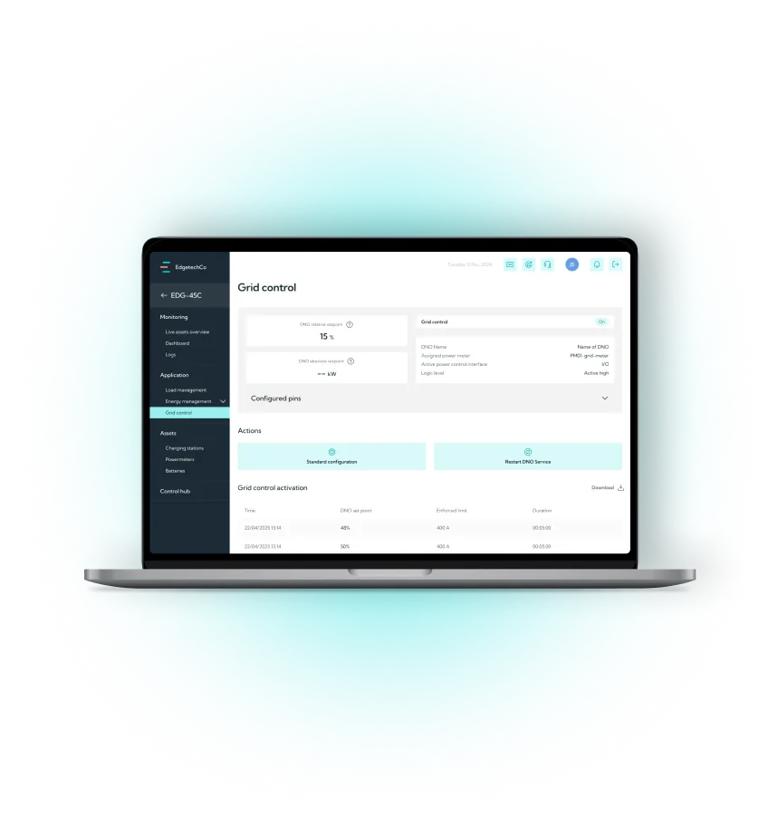 Open laptop displaying an energy management software interface with grid control settings and activation details.