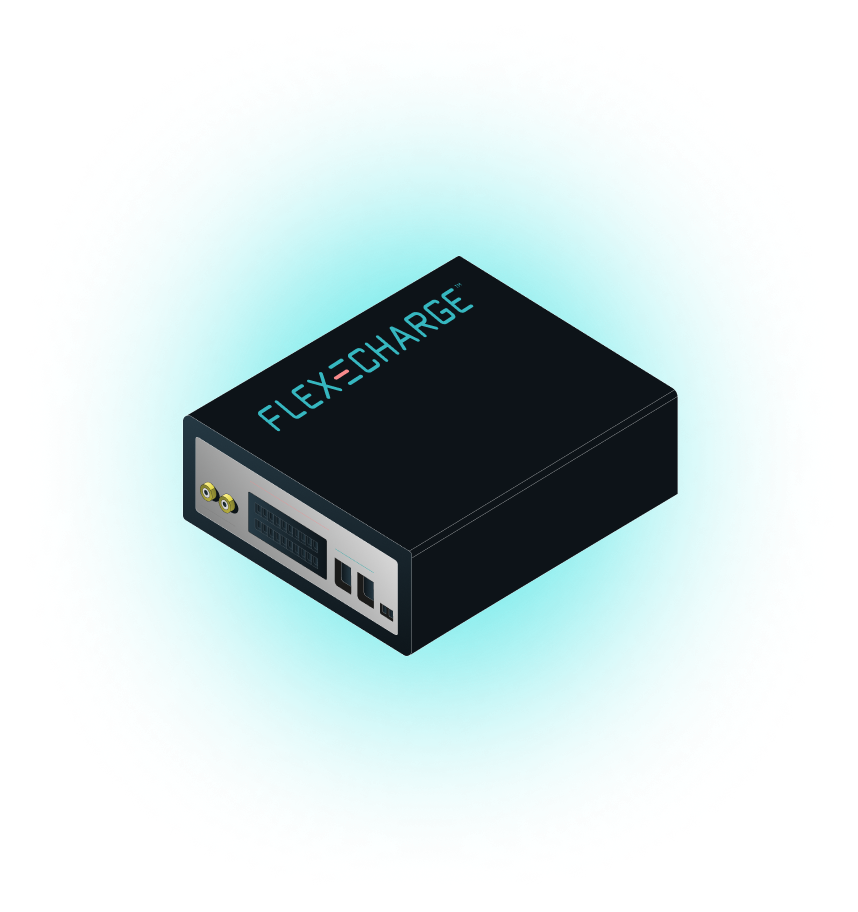 Black rectangular electronic device labeled FLEXNECHARGE with multiple ports on one side.