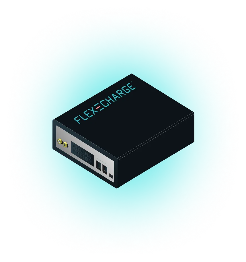 Black rectangular electronic device labeled FLEXNECHARGE with multiple ports on one side.