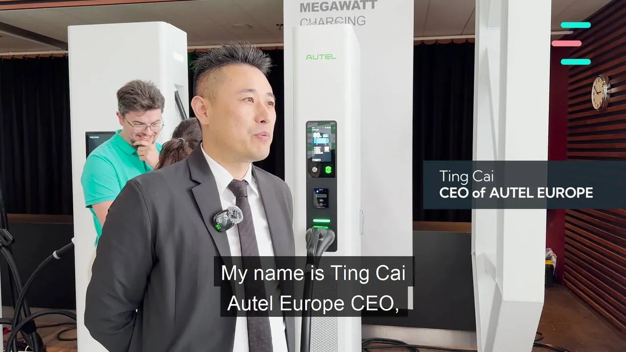 Man in a suit speaking near AUTEL Europe electric vehicle charging stations with text identifying him as Ting Cai, CEO of AUTEL Europe.
