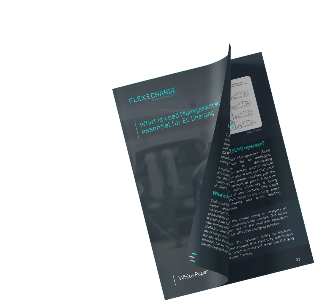 Open brochure titled 'What is Load Management and why is it essential for EV Charging' by FLEXCHARGE with visible text and graphics on load management for electric vehicles.