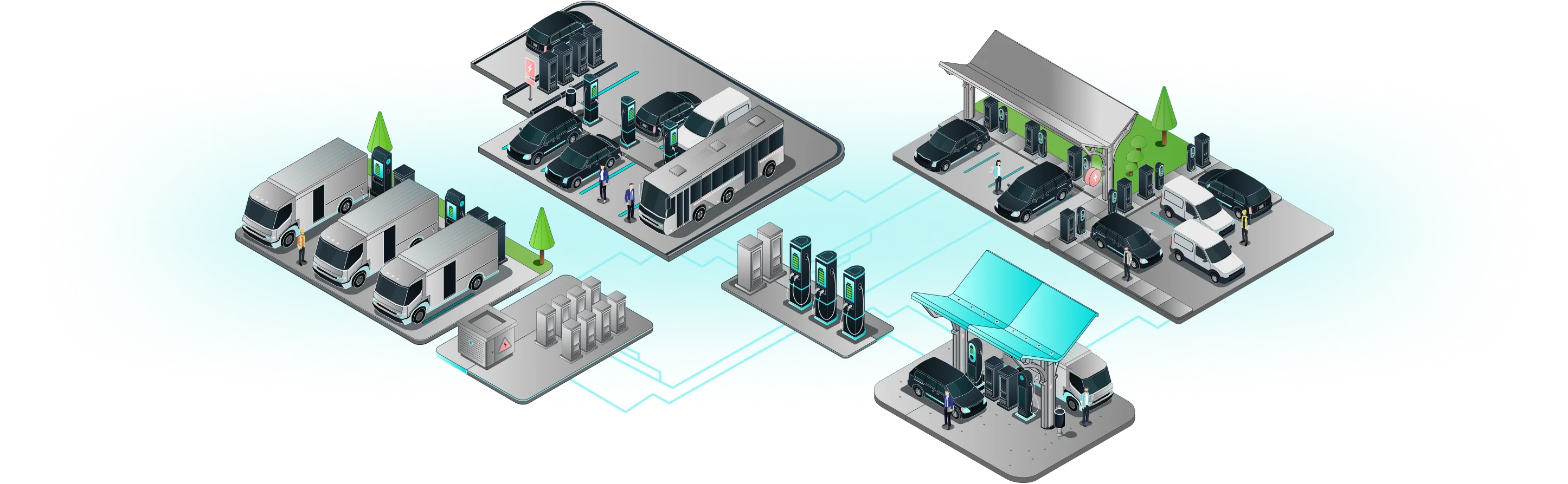 Isometric illustration of multiple electric vehicle charging stations with cars, vans, a bus, and battery storage units connected by power lines.