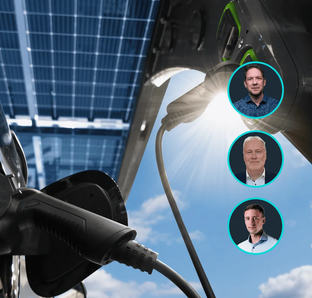 Electric vehicle charging with sunlight shining through the plug, solar panels overhead, and three headshots of men in blue circular frames.