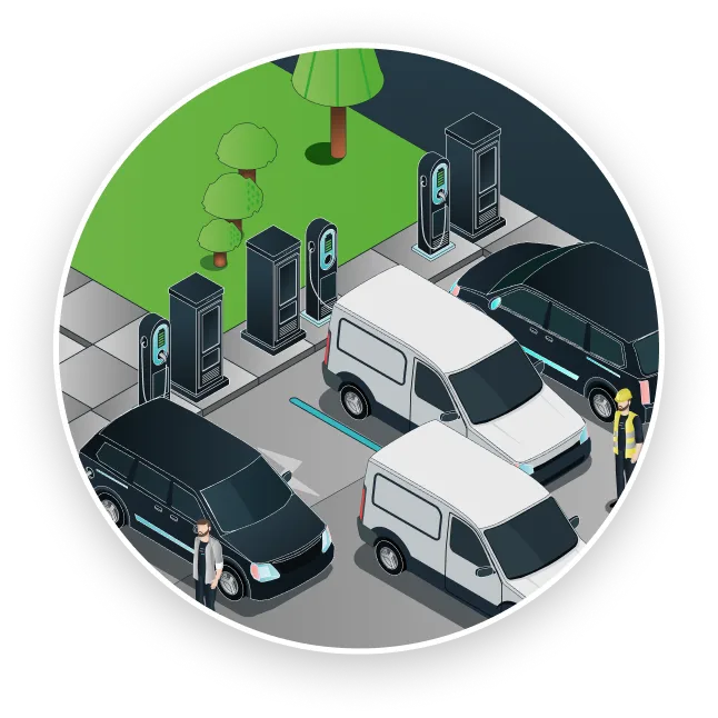 Isometric view of an electric vehicle charging station with black and white vans and cars parked, some people nearby, and green trees in the background.