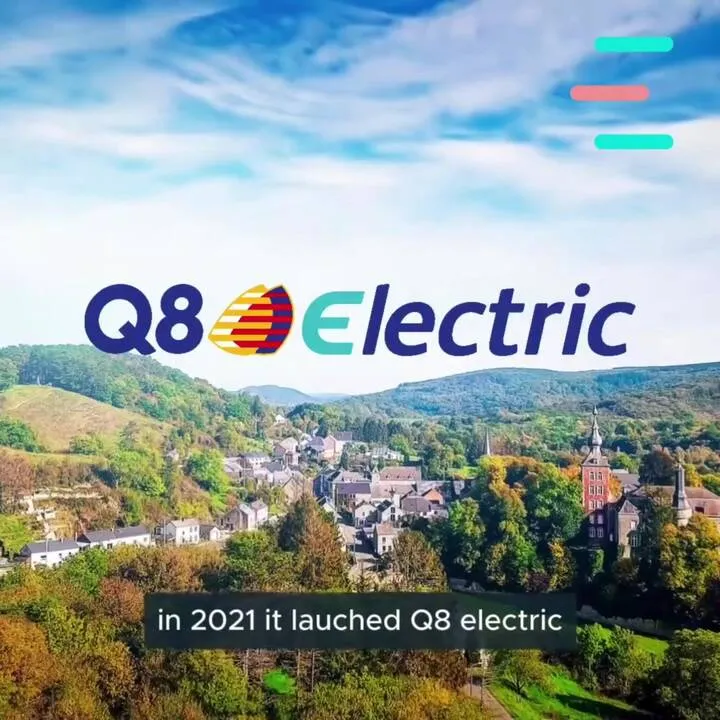Scenic village landscape with Q8 Electric logo and text stating Q8 Electric launched in 2021.
