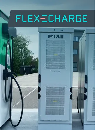 Electric vehicle charging station with FlexCharge branding and PIXII energy storage unit.