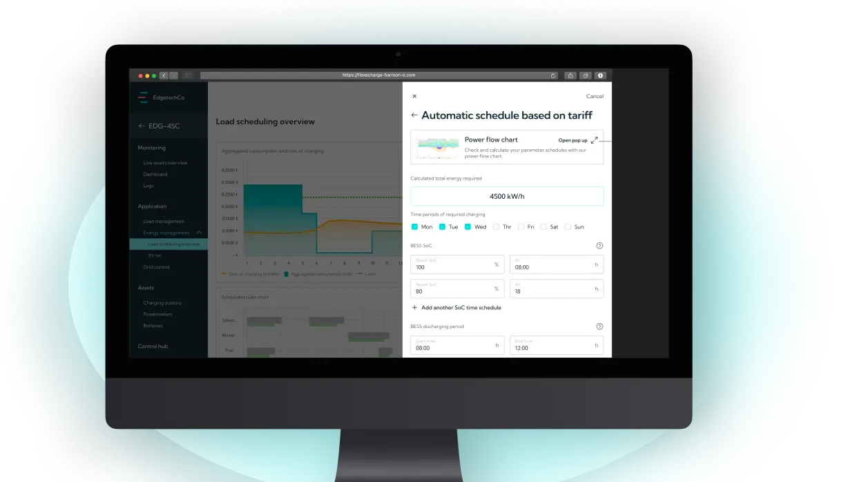 Computer screen showing energy management software with load scheduling overview and an automatic schedule setup based on tariff displaying power flow chart, energy required, schedule days, battery state of charge, and discharging period.