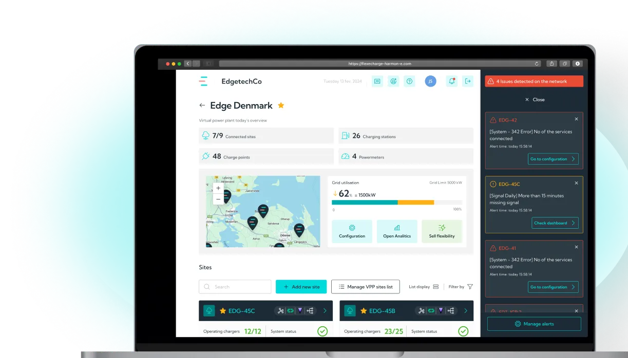 Laptop screen displaying EdgetechCo dashboard with Edge Denmark virtual power plant overview, site statuses, grid utilization, and network issue alerts.