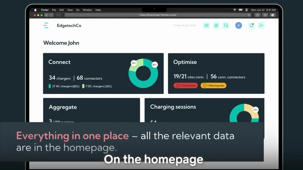 Dashboard on a laptop screen showing user John’s EV charging data summary including Connect, Optimise, Aggregate, and Charging sessions, with charts and status indicators.