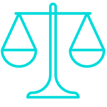 Turquoise balance scale icon with two equal pans.