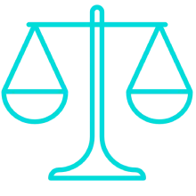Turquoise balance scale icon with two equal pans.