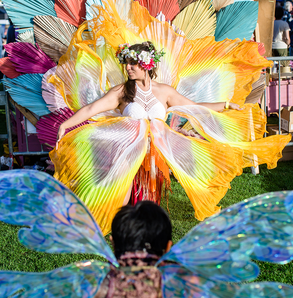 Woman in colorful butterfly costume with a flower crown posing outdoors on grass.