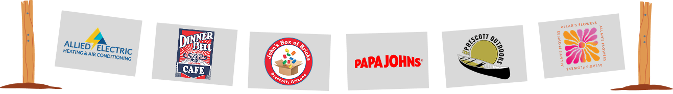Logo banner for Allied Electric, Dinner Bell Cafe, John's Box of Bricks, Papa Johns, Prescott Outdoors, and Allan's Flowers