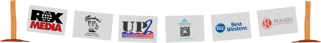 Logo banner for Rox Media, Theodore's Fine Foods, Up 2 Productions, Arizona Facial Plastics, Best Western, and Rogers Academy of Beauty