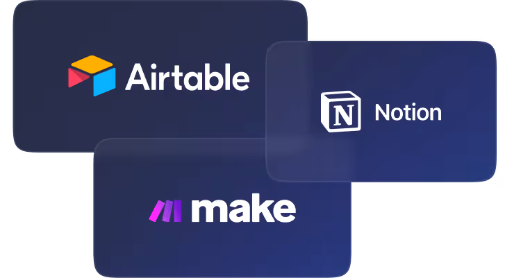 Visual composition of the Airtable x Make x Notion combination