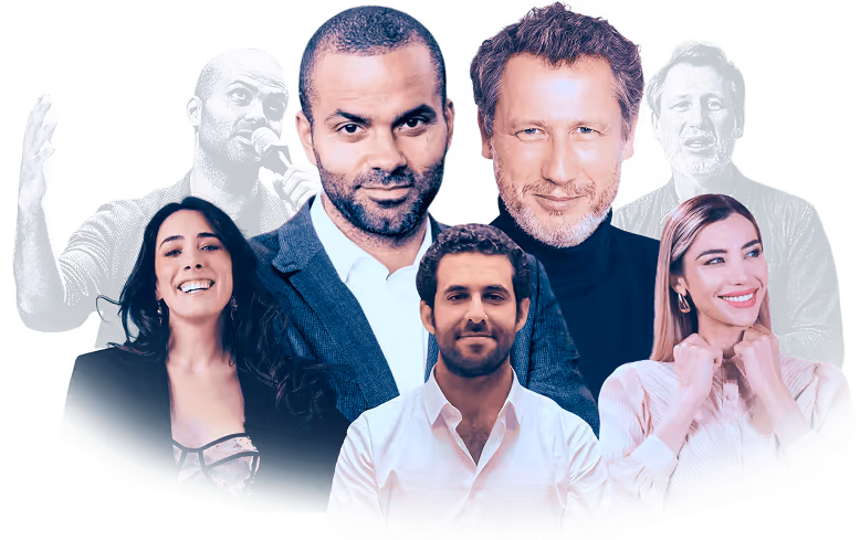 Portraits of five diverse professionals including Francis Lelong and Thomas Bonnenfant smiling, arranged in two rows with a blue and purple background.