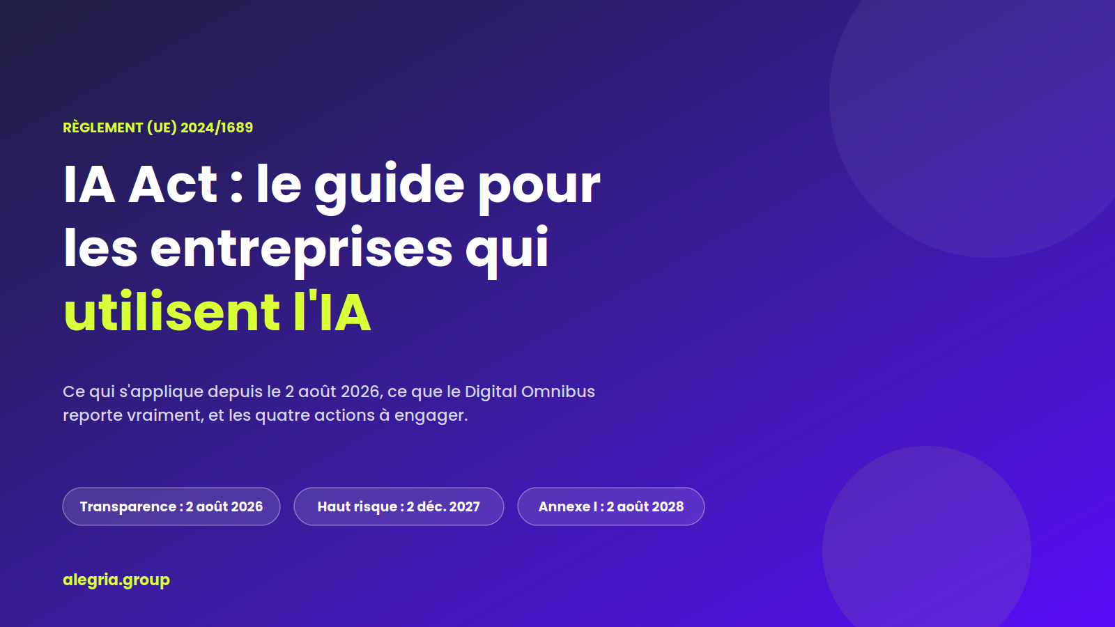 IA Act, règlement européen 2024/1689 : guide pour les entreprises qui utilisent l'intelligence artificielle, avec les trois échéances clés du 2 août 2026, du 2 décembre 2027 et du 2 août 2028.