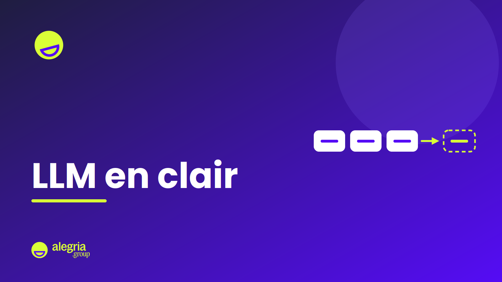 Visuel de couverture : le smiley officiel Alegria sur fond navy et violet, une suite de jetons dont le suivant reste à prédire, et le titre LLM en clair.