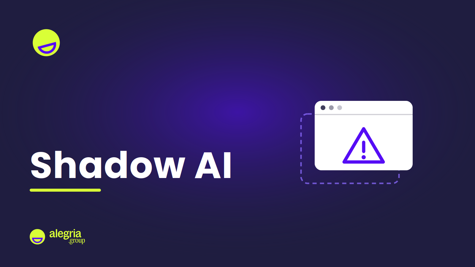 Visuel de couverture : le smiley officiel Alegria sur fond navy, une fenêtre d'outil doublée d'une copie non déclarée et marquée d'un signal d'alerte, avec le titre Shadow AI.
